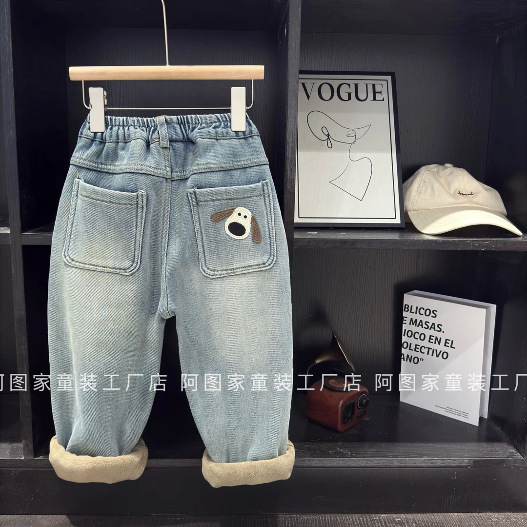 （阿图家）D68秋冬儿童新款后袋大耳小狗一体绒牛仔裤1027