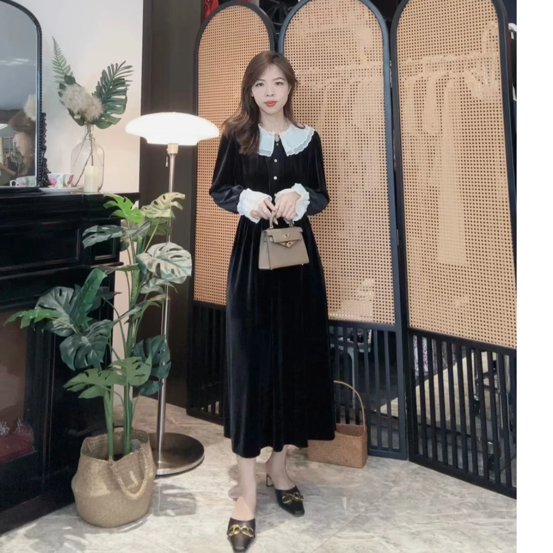 【伦敦古堡】蕾丝拼接袖法式收腰秋冬新款丝绒连衣裙 230917