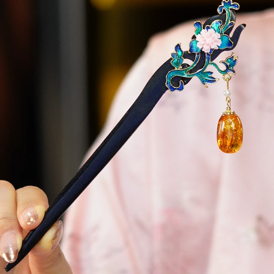 東芳珠宝（主播同款）俄料花珀原创琥珀发簪时尚精致复古新中式百搭