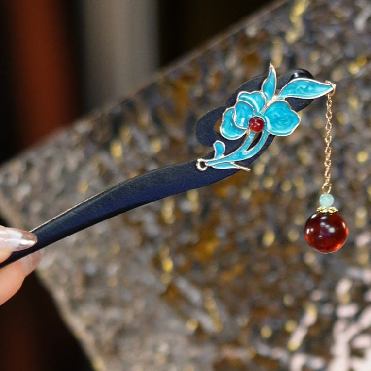 東芳珠宝-（主播同款）14mm缅甸天然血珀圆珠发簪新中式中式配饰