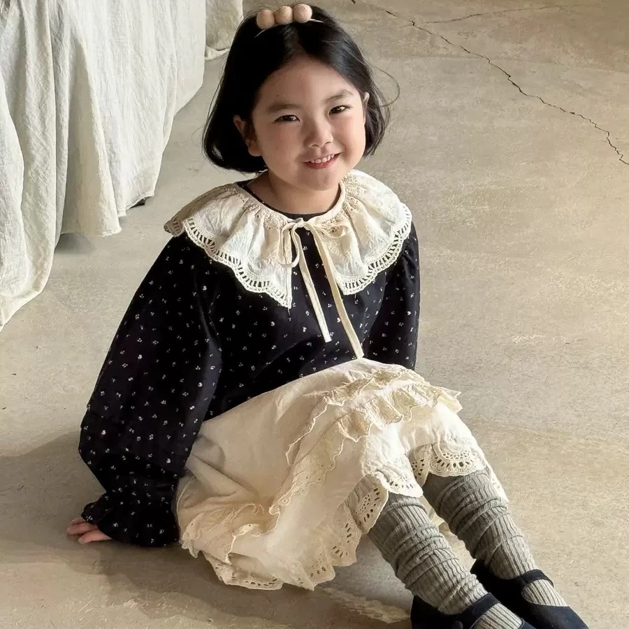 韩系女童蕾丝边娃娃衫秋季新品女宝宝可爱碎花长袖上衣韩