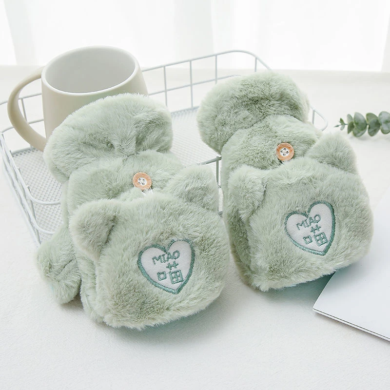 手套女冬季加绒可爱韩版防寒卡通加厚毛绒秋冬半指骑行保暖棉冬天