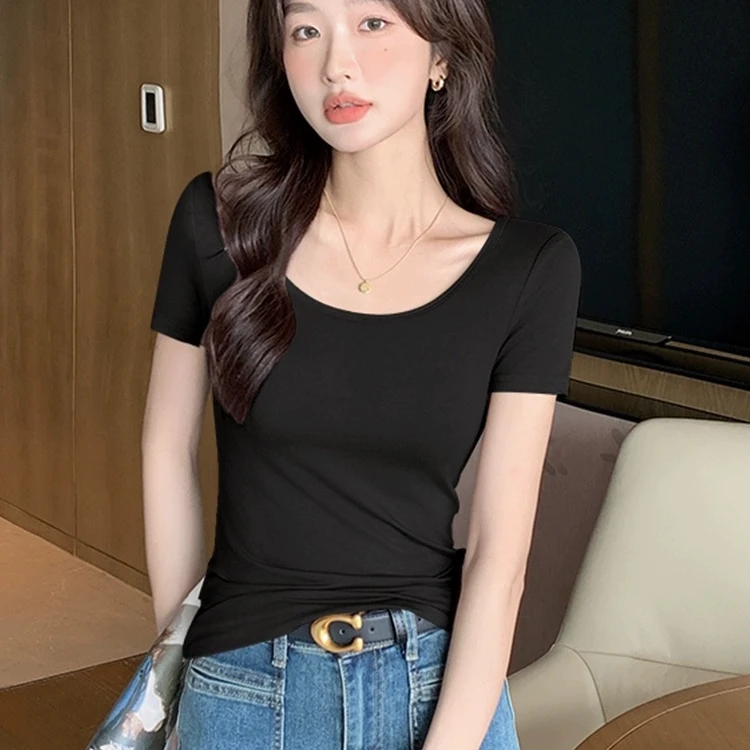 L675方领女士法国螺纹短袖T恤修身纯色2024打底衫春夏百搭显瘦