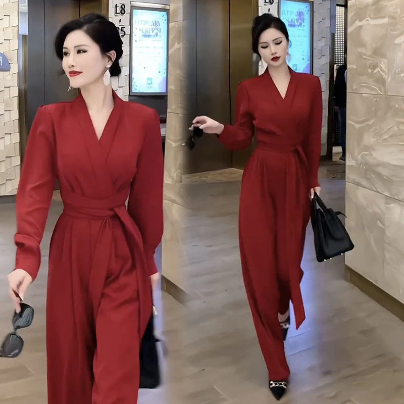 秋季新款网红时尚连体裤女高级感妈妈气质收腰显瘦垂感阔腿连衣裤