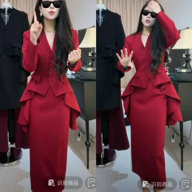 名媛晚礼服春秋款气质职业西服两件套女网红爆款洋气西装裙子套装