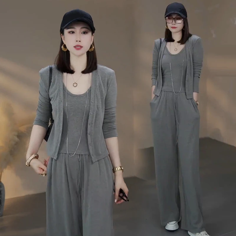 慵懒风时尚套装女秋季新款洋气显瘦开衫外套背心阔腿裤休闲三件套