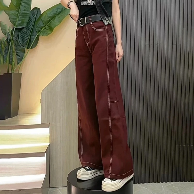 秋季新款高腰时髦明线直筒阔腿牛仔裤女2025时尚百搭显瘦拖地长裤