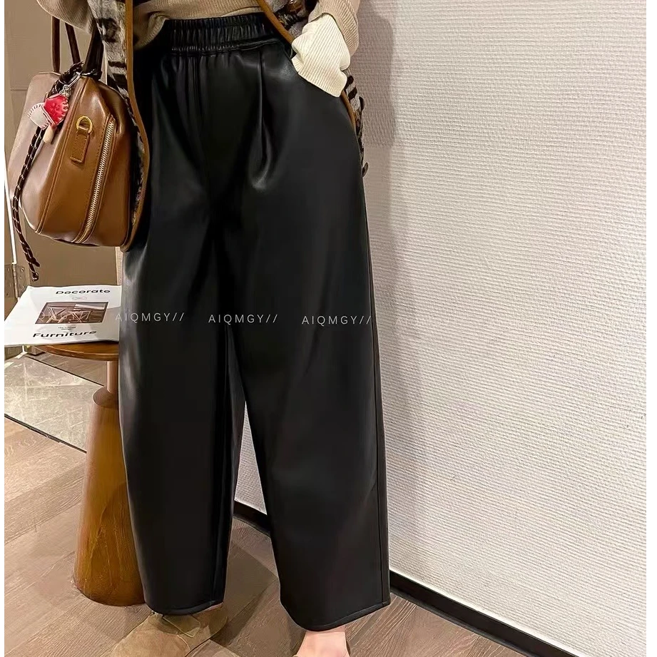 黑色松紧腰阔腿裤皮裤女奶奶裤高腰休闲九分裤6026