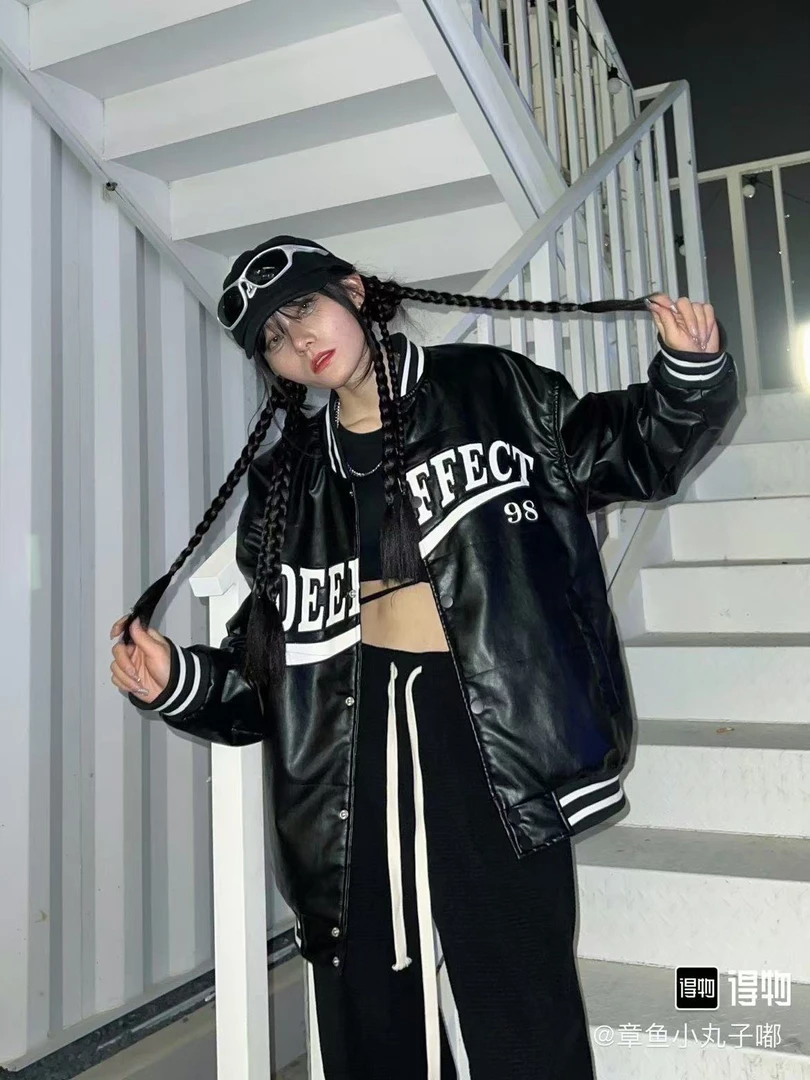 美式复古机车风字母刺绣PU皮休闲宽松棒球服外套男女同款LK2024