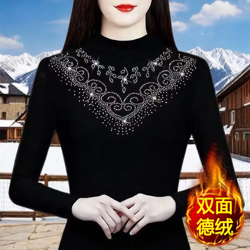 【双面德绒】保暖打底衫女黑色半高领上衣大码遮肚子气质长袖小衫女