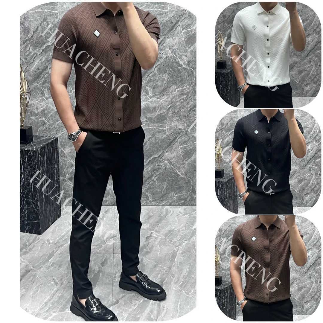 【画成】新款男士休闲时尚潮流百搭轻奢翻领开衫针织短袖  266-2521