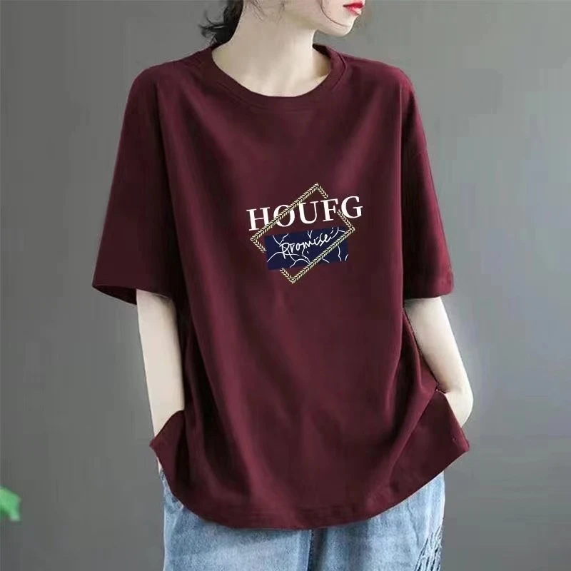 欧货酒红色t恤女短袖中长款2024夏季新款美式宽松纯棉遮屁股体恤