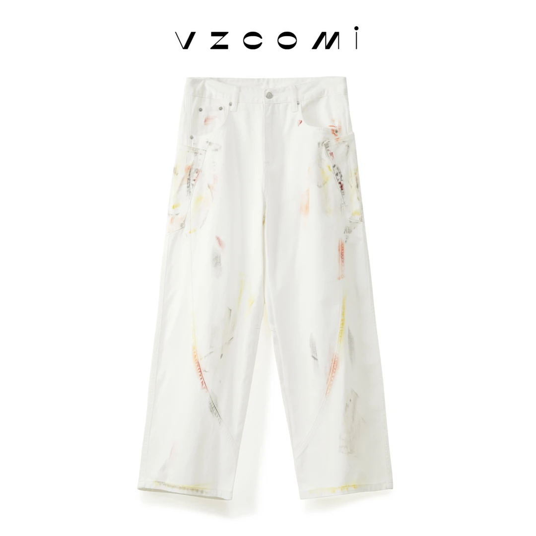 巴黎风弯刀阔腿牛仔裤调色盘司重磅水洗擦色宽松弯刀白色牛仔裤