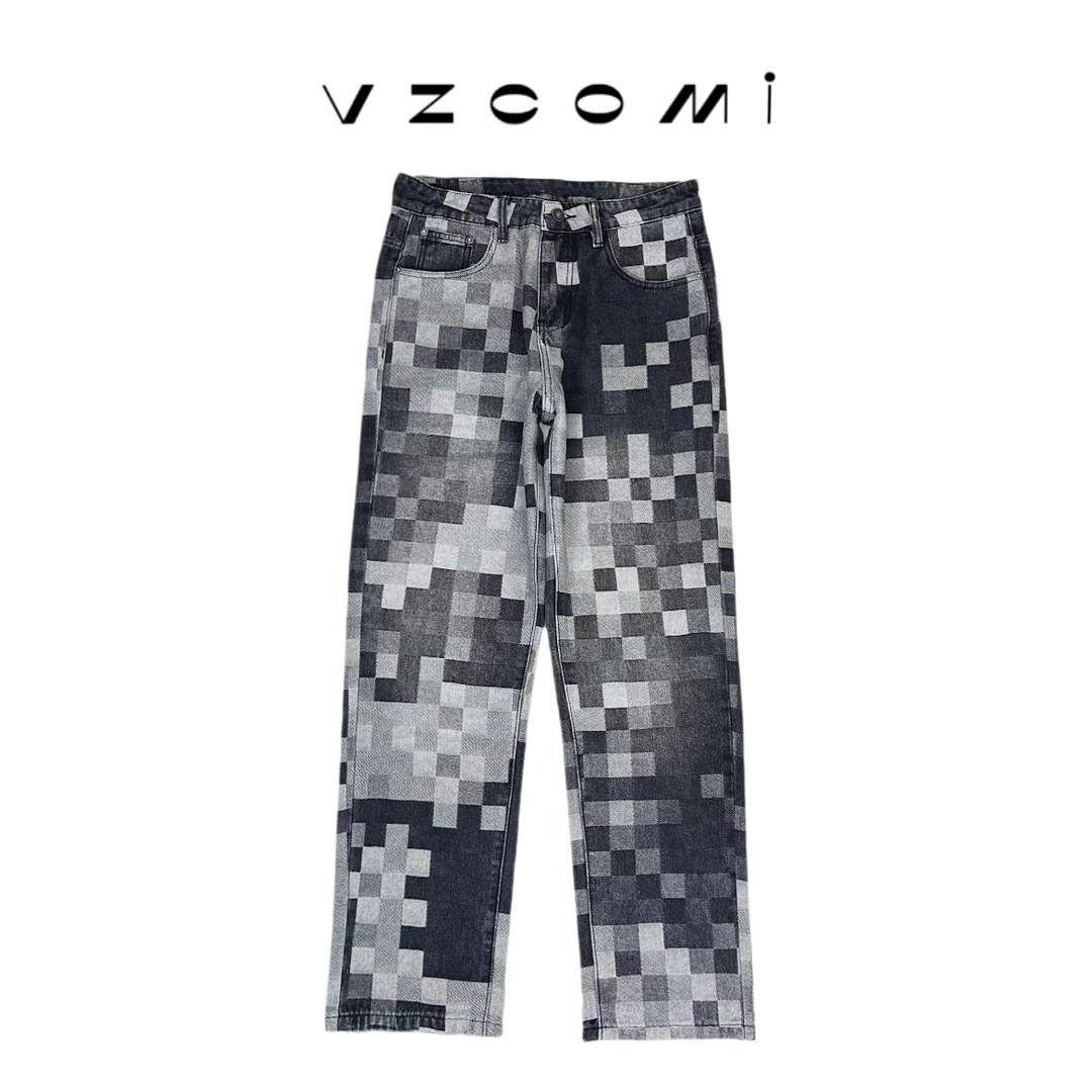 黑色复古棋盘格牛仔裤美式男轻奢潮牌直筒宽松夏季男裤格子裤子