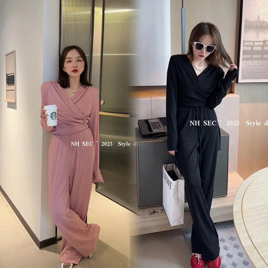 王漂亮 V领时尚套装女欧洲站新款超显瘦两件套上衣阔腿裤 WPL501