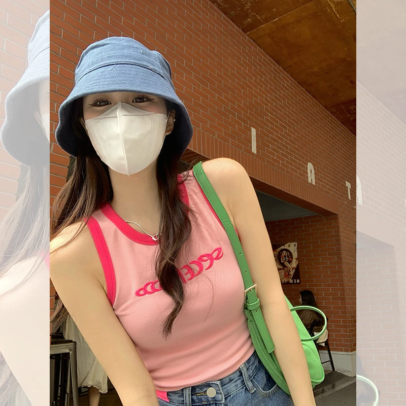 歌幂 粉色短款吊带背心女内搭纯棉修身外穿无袖t恤上衣 ZE9338