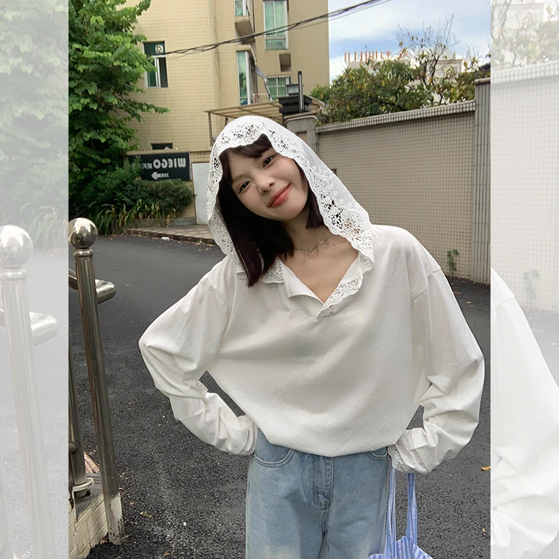 【歌幂】白色蕾丝拼接防晒长袖t恤女装早秋新款连帽宽松上衣WPL6492