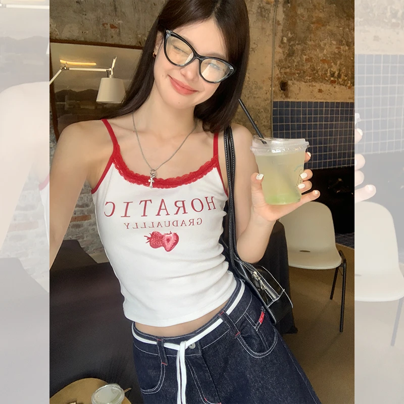 【歌幂】辣妹白色吊带背心女夏外穿蕾丝花边绝美短款小上衣 WPL8705