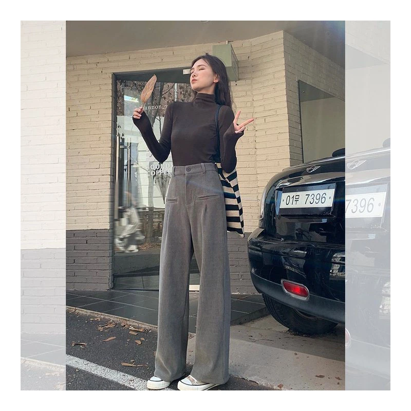 【清清】简约细坑条纹阔腿裤女垂感后松紧腰直筒休闲裤女WPL3350