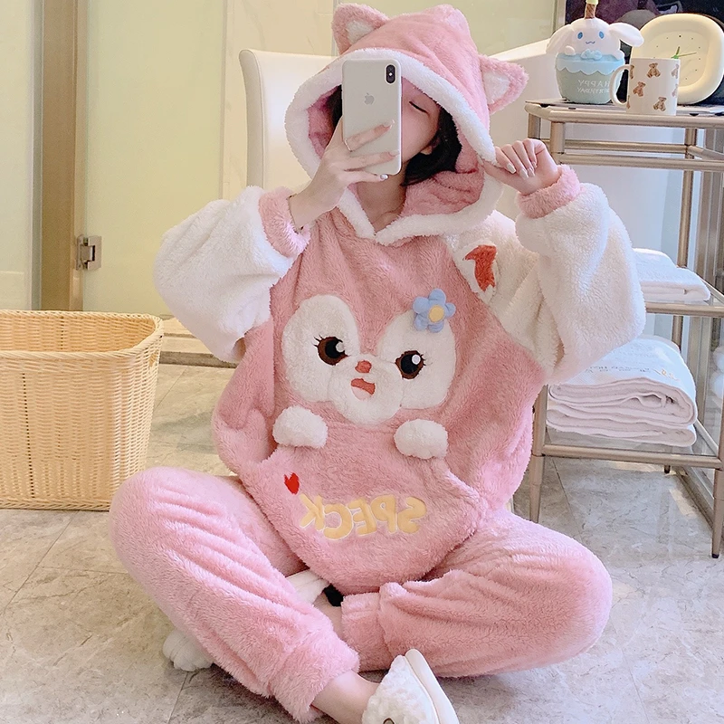秋冬长毛绒加厚加绒珊瑚绒睡衣女冬季保暖法兰绒可外穿家居服套装