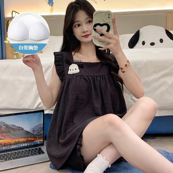 带胸垫睡衣女款2024新款夏季刺绣小狗夏天性感吊带无袖夏款家居服