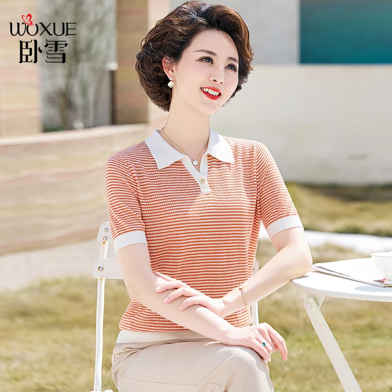 妈妈夏装上衣洋气冰丝T恤中年妇女翻领针织小衫中老年人短袖套装