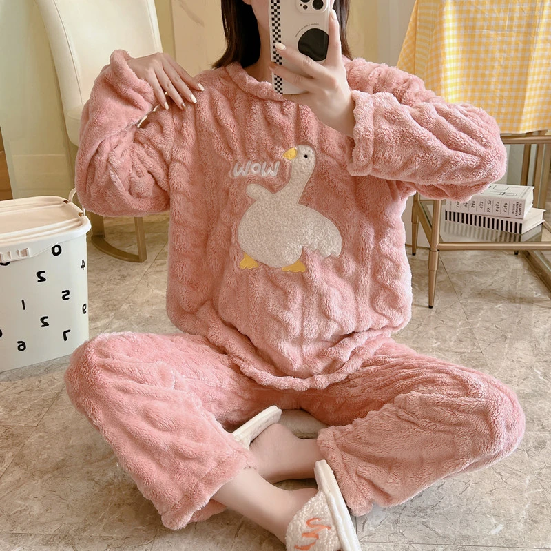 冬季珊瑚绒睡衣女秋冬长袖保暖加厚加绒毛绒可爱大码家居服套装