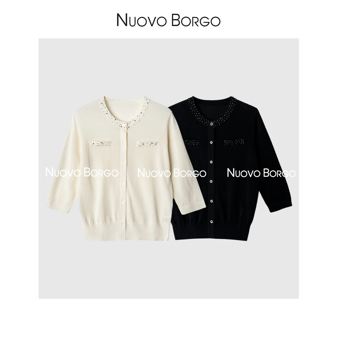 Nuovo Borgo 醋酸棉针织开衫手工钉珠圆领七分袖上衣女 A57/0106