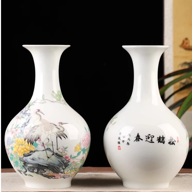 松鹤迎春赏瓶景德镇陶瓷器粉彩花瓶插花中式客厅酒柜办公室家居