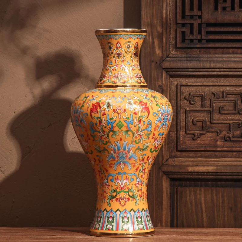 缠枝莲珐琅彩鱼尾瓶景德镇陶瓷器仿古珐琅彩描金大花瓶中式插花
