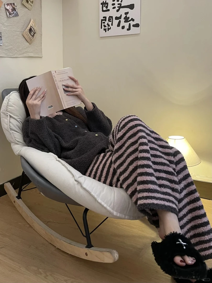 【撞色条纹】网红慵懒风新款韩版半边绒睡衣女冬加绒大码套装家居服