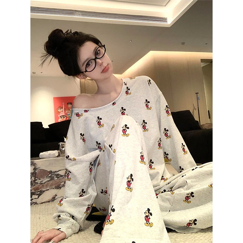 【卡通米奇】韩版设计露肩可外穿睡衣女秋冬套装新款长袖长裤家居服
