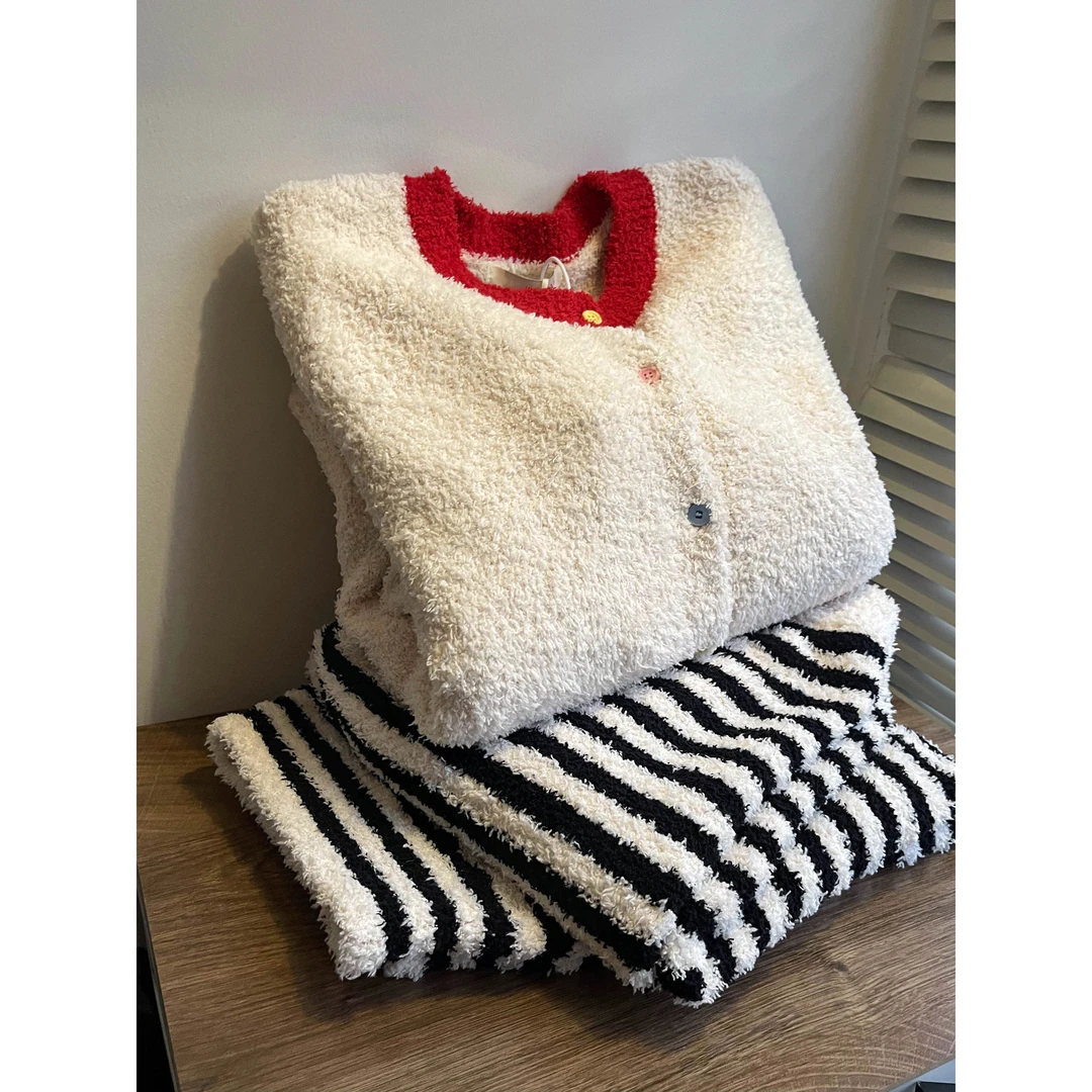 【条纹脑袋】韩版撞色半边绒睡衣女新款冬季套装加厚针织大码家居服