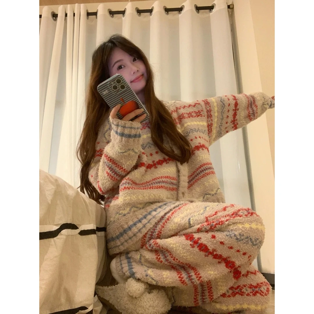 【复古圣诞风】冬季轻奢睡衣女套装新款加厚保暖大码半边绒家居服