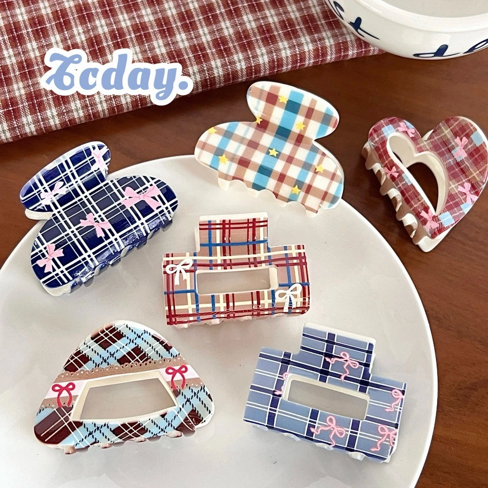 新款甜美少女心格纹蝴蝶结小抓夹亚克力鲨鱼夹后脑勺盘发夹马尾夹