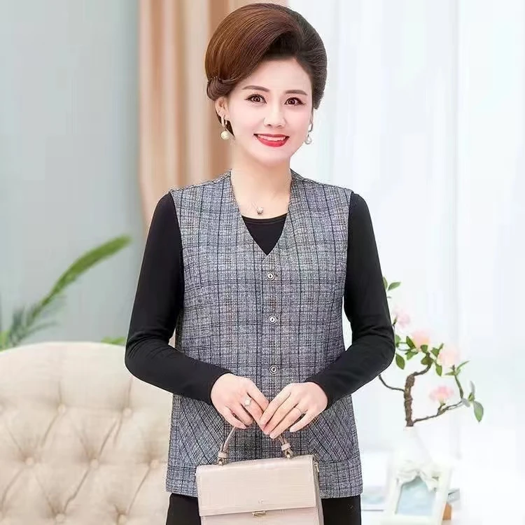 中老年女士春秋短款网红外穿马甲马夹女装上衣格子气质时尚百搭