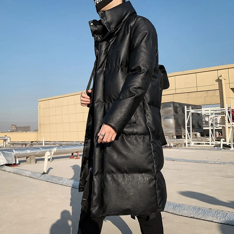 BOTY长款过膝加厚棉服男士冬季外套加长加厚PU皮免洗棉衣棉袄子皮