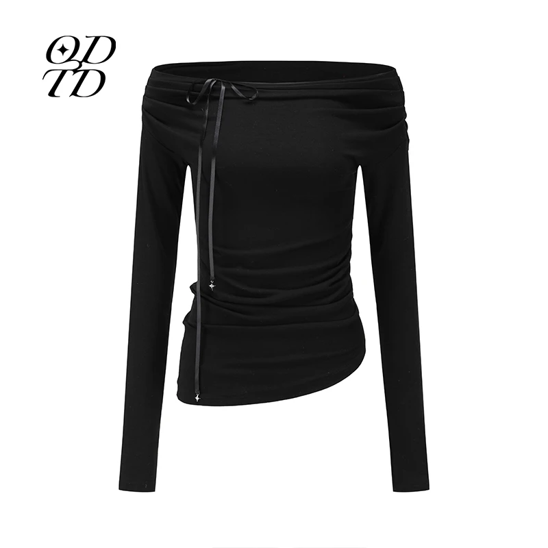 【张予曦同款】ODTD 设计师品牌24秋冬天丝抽褶一字肩上衣女