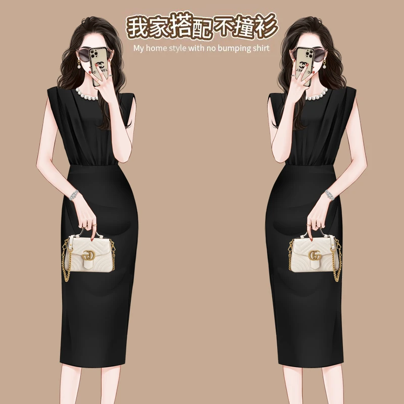 高档黑色无袖连衣裙女夏季2023新款气质包臀晚礼服修身法式小黑裙