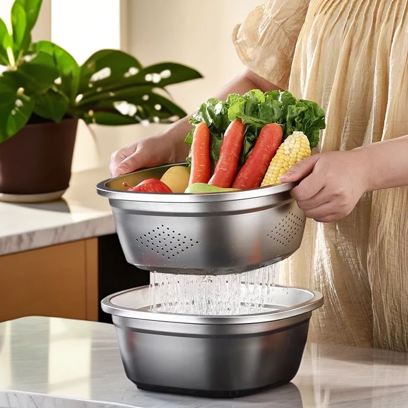 CROWHITO/克洛华蒂316不锈钢加厚方盆洗菜沥水篮盆料理盆厨房淘米