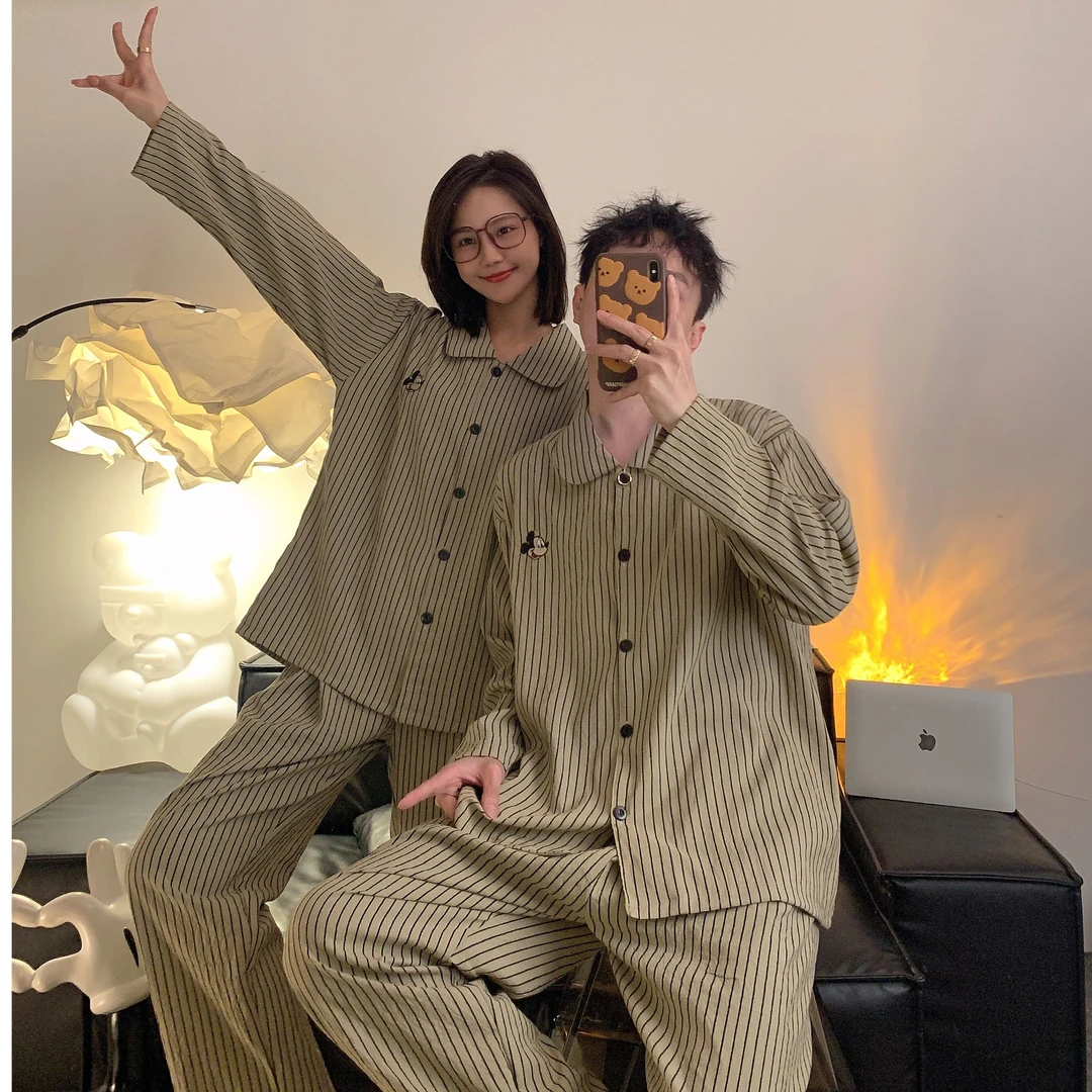 情侣睡衣春秋季2025新款韩版长袖长裤宽松卡通男士大码条纹家居服