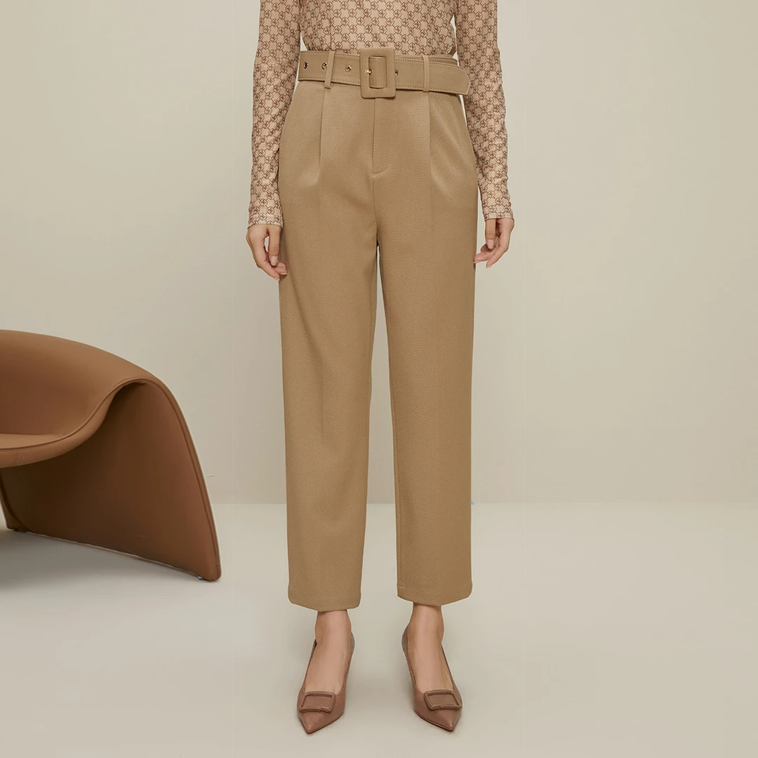 【小余专属】设计感高腰休闲裤女秋冬简约腰带设计纯色百搭烟管裤