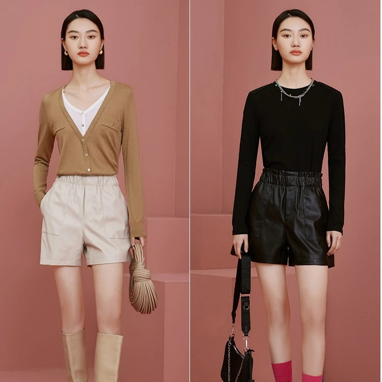 【诗语专属】M101100622曼德诗高腰色皮裤A字版收腰宽松时尚短裤