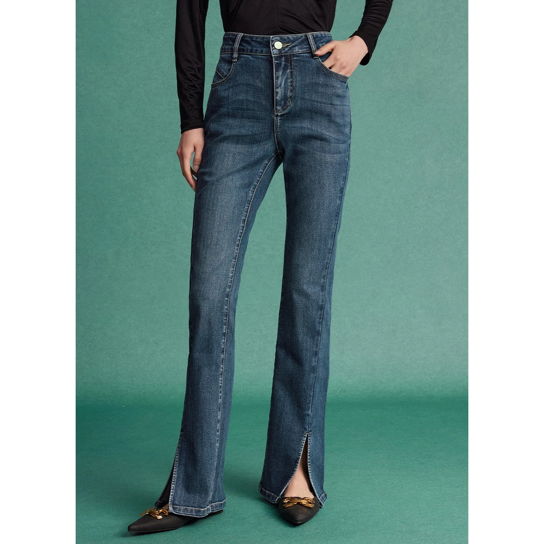 【小余专属】棉质高腰牛仔裤2024春复古弹力开叉微喇裤MC103310794