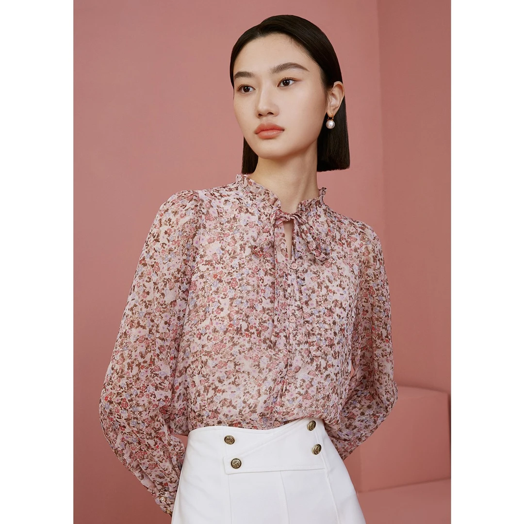 【小费班长专享】碎花雪纺衬衫春款木耳边荷叶边上衣M314300636