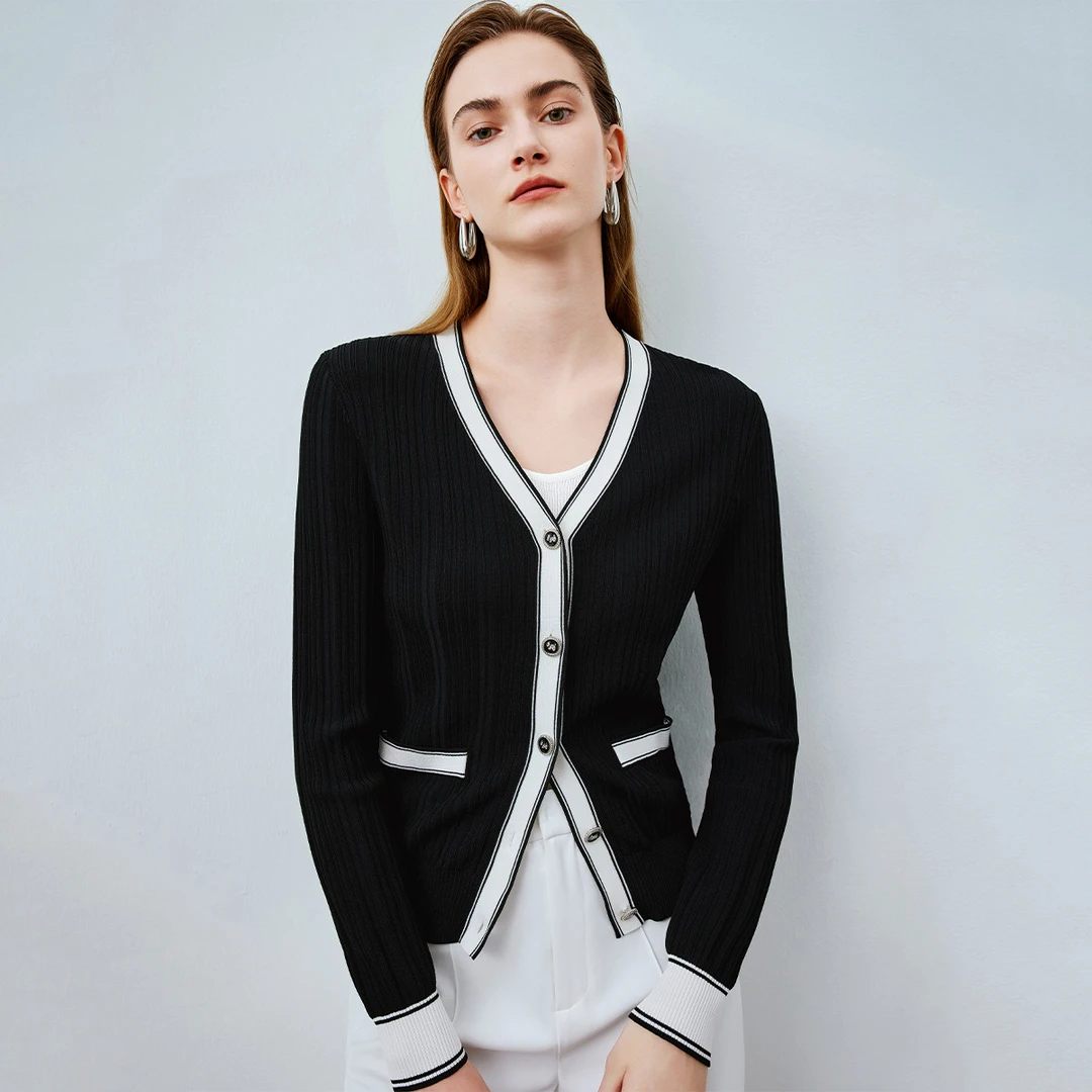 【小余专属】V领针织衫减龄时尚撞色简约百搭针织外套Y731303746