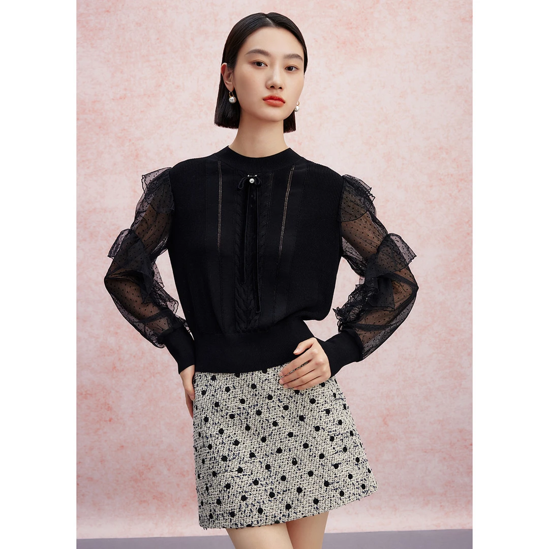 【小余专属】气质针织衫圆领套头拼接网纱边长袖上衣MM733305417