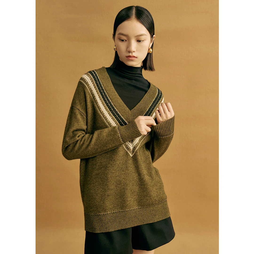 【小余专属】明线V领撞色针织衫女秋外穿学院风宽松韩版上衣特卖
