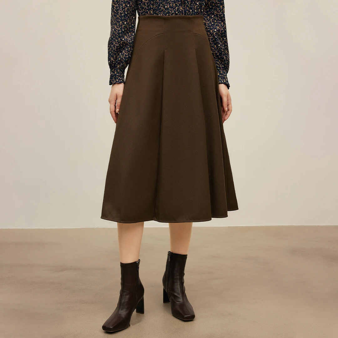 【诗语专属】纯色高腰半身裙女秋季时尚通勤百褶设计感中长款A字裙