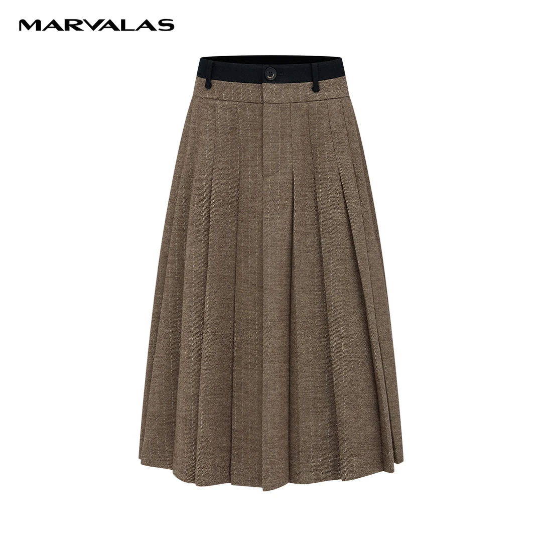 【众心专属】曼德诗83羊毛混纺百褶长裙2023冬高腰半身裙M2073066